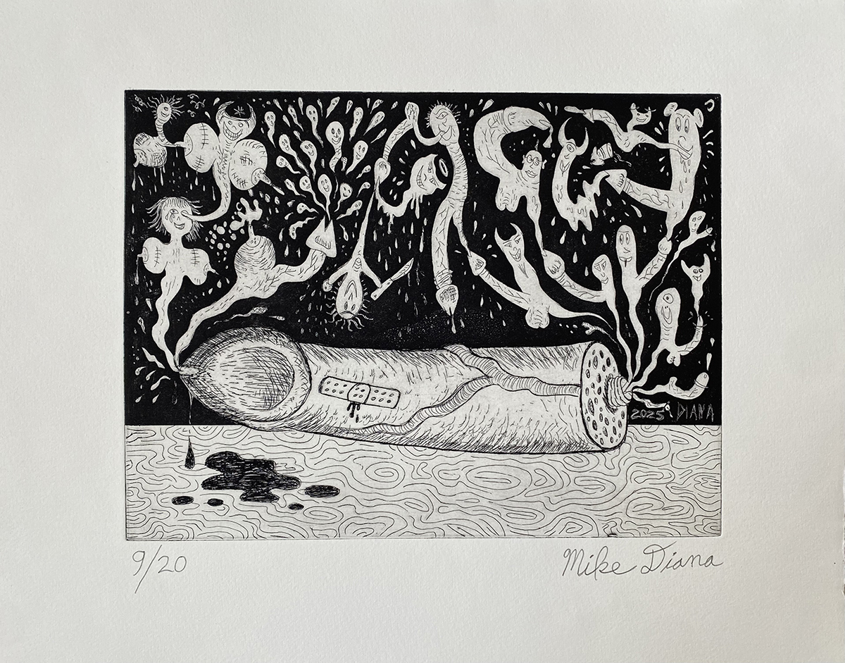 Mike Diana – Severed P*nis Spirits Etching (2025) Severed P*nis Spirits, 2025 etching and aquatint by Mike Diana, printed in Jersey City on Hahnemühle Copperplate paper, limited edition fine art print.