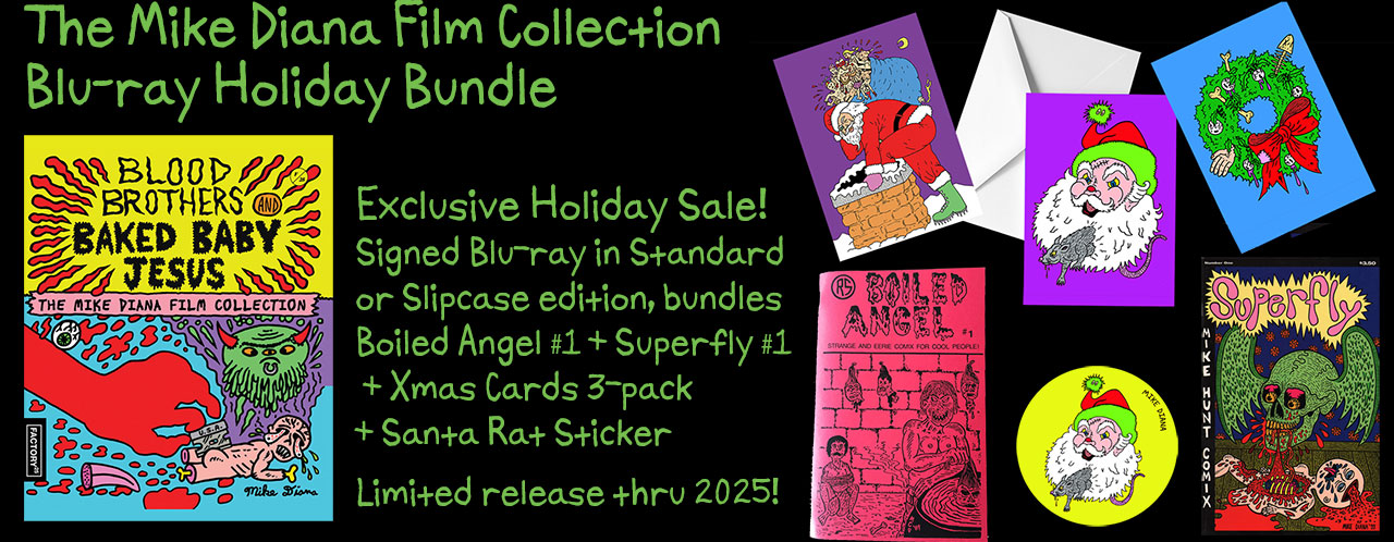 The Mike Diana Film Collection Holiday Bundle, Boiled Angel #1, Superfly #1, Xmas Cards and Santa Rat Sticker The Mike Diana Film Collection Holiday Bundle, Boiled Angel #1, Superfly #1, Xmas Cards and Santa Rat Sticker