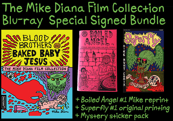The Mike Diana Film Collection Boiled Bundle, Boiled Angel #1, Superfly #1, Stickers