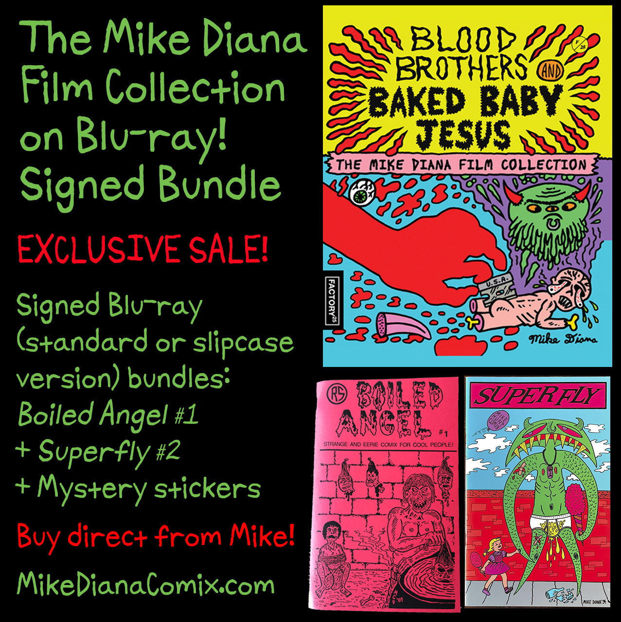 The Mike Diana Film Collection Boiled Bundle, Boiled Angel #1, Superfly #2, Mystery Stickers